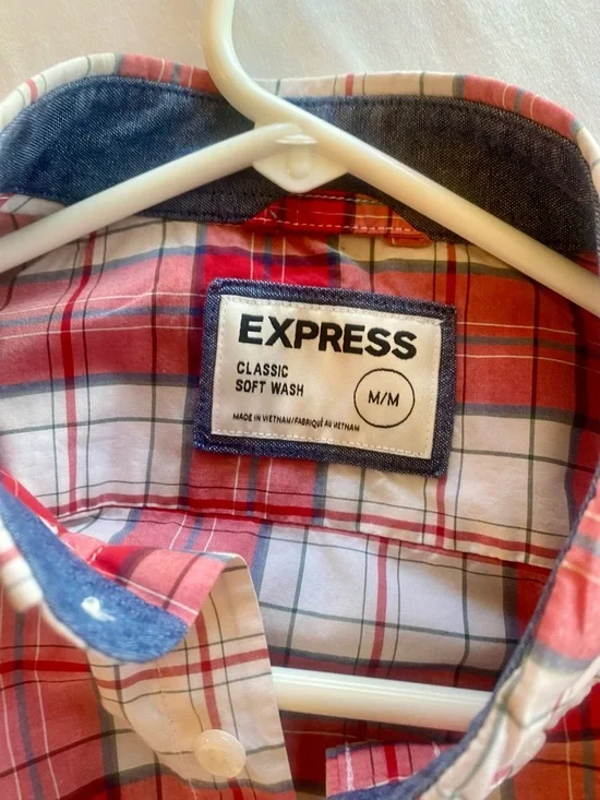 Express Men’s Red and White Plaid Button-Down Shirt - Picture 2 of 3